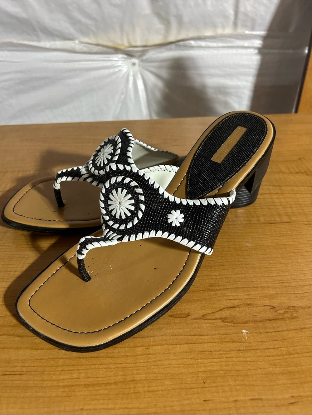 White Stag Black and Tan Heeled Thong Sandals with White Stitching